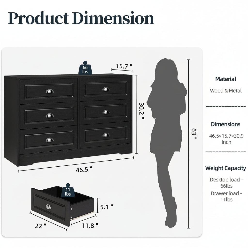 Walsunny Wide Wooden Double Dresser with 9 Storage Drawers