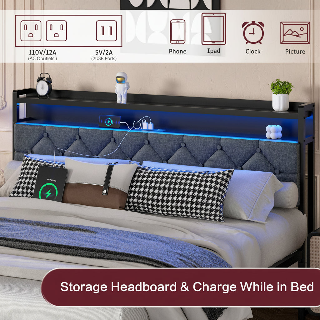 Modern Metal Platform Bed Frame with LED Lights and 2 Storage Drawers