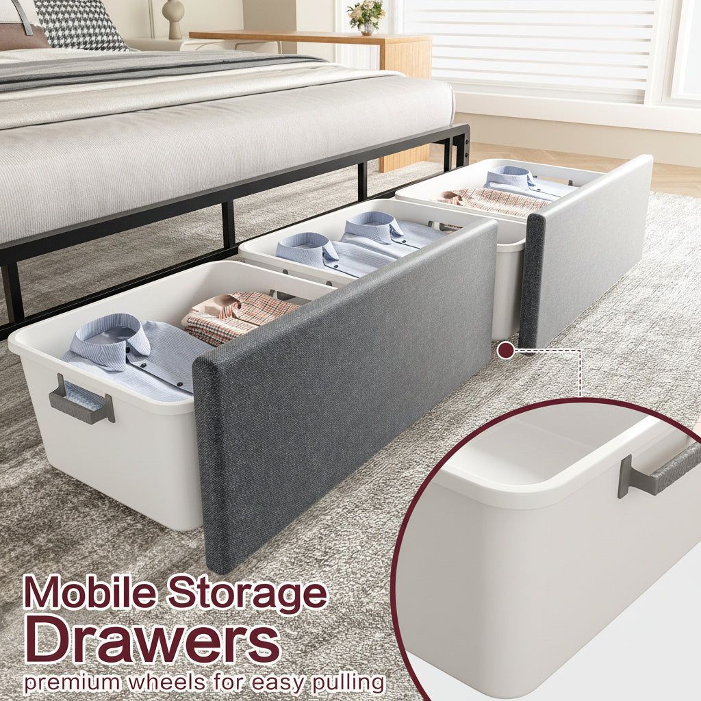 Modern Metal Platform Bed Frame with LED Lights and 2 Storage Drawers