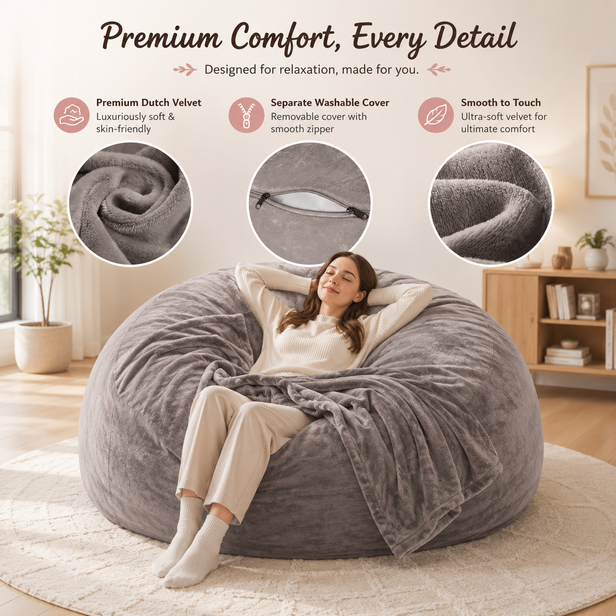3FT/4FT/5FT/Jumbo Bean Bag Chair – An extendable bean bag sofa filled with soft memory foam and wrapped in cozy flannel fabric, offering durable comfort and relaxed seating for any living space.