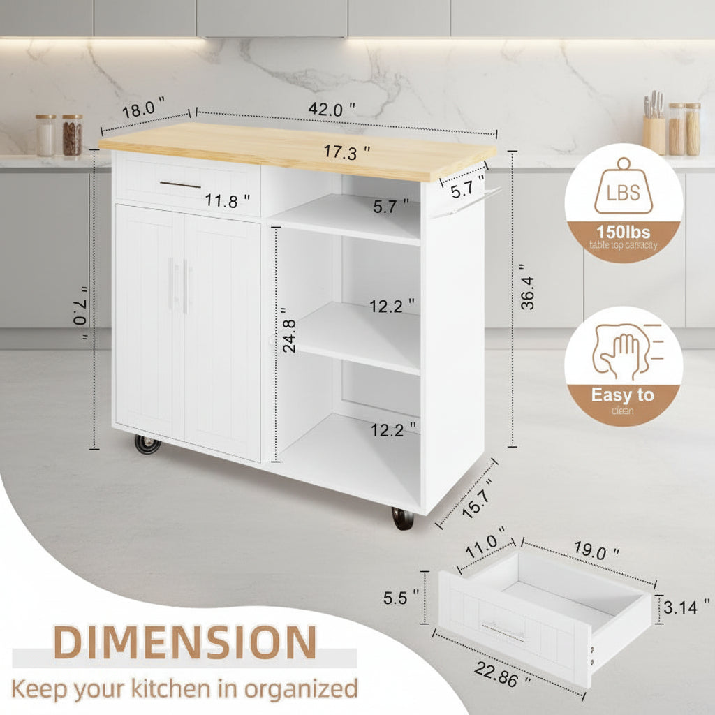 42" Kitchen Island Cart with Solid Wood Top