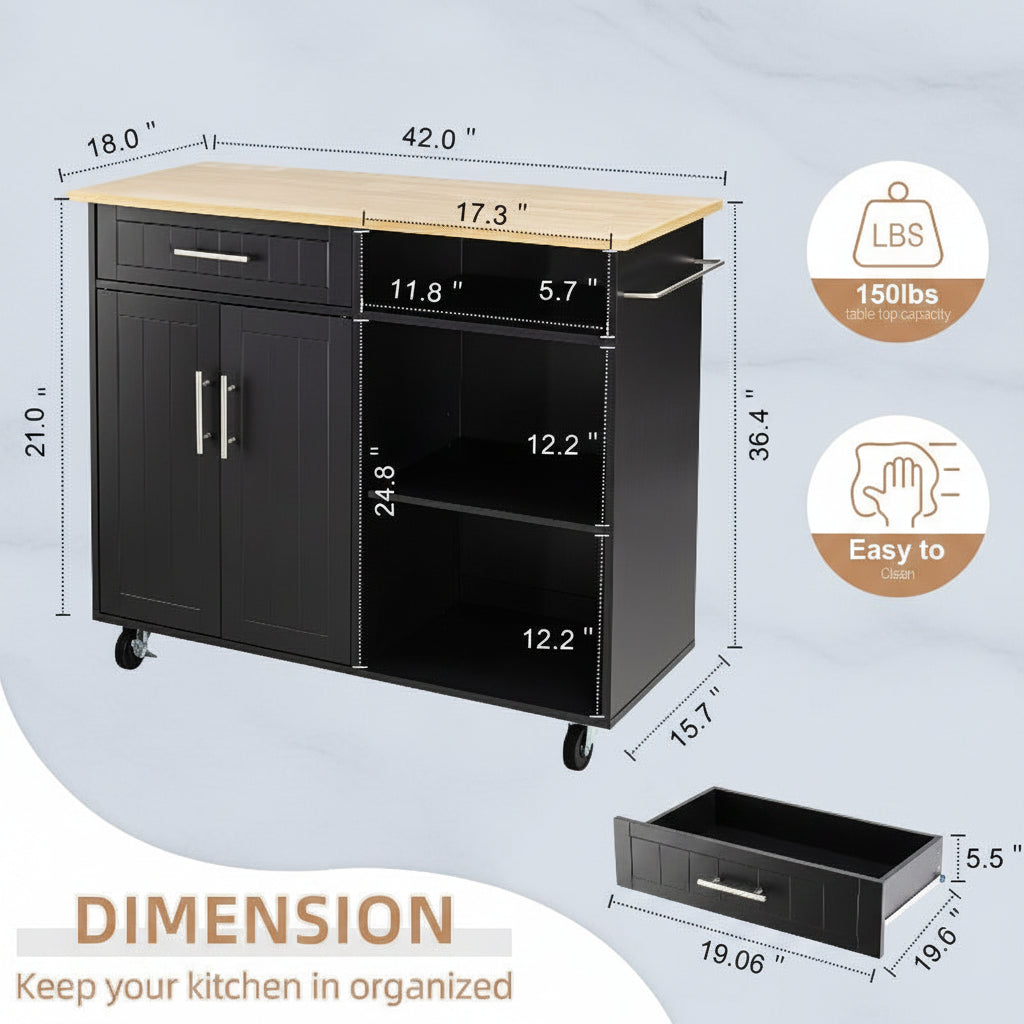 42" Kitchen Island Cart with Solid Wood Top