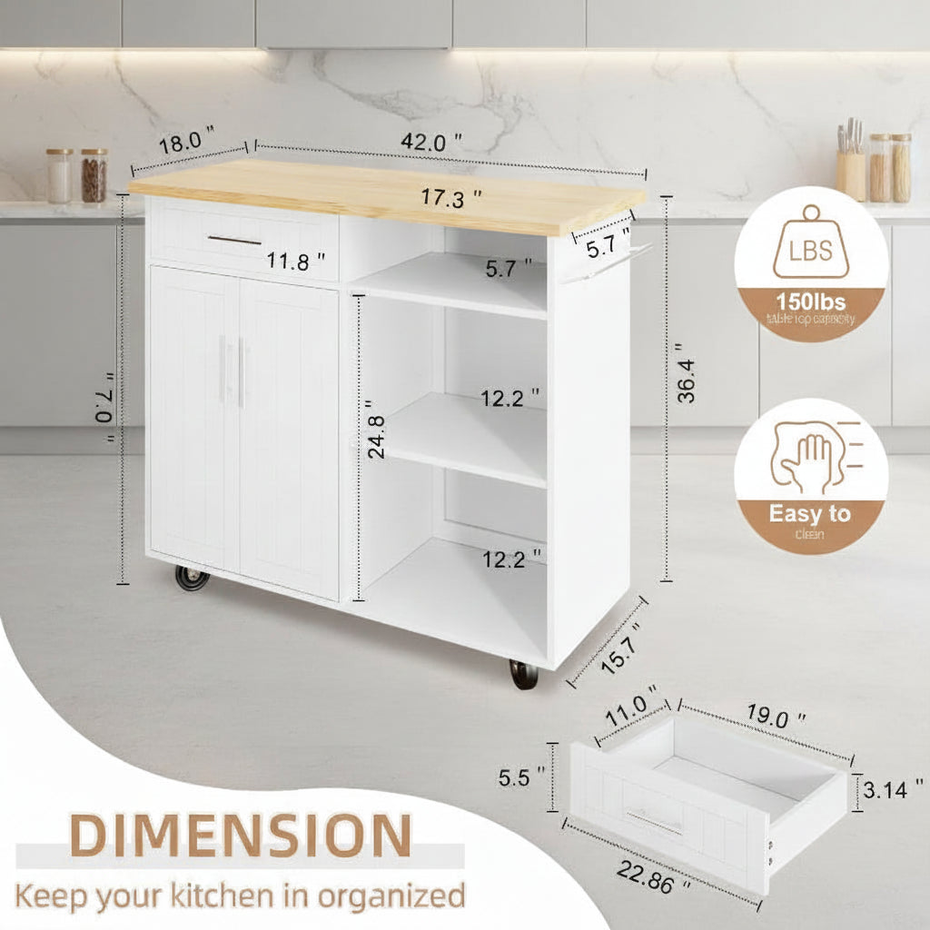 Kitchen Island Cart Solid Wood Top Forty Two Inch Storage