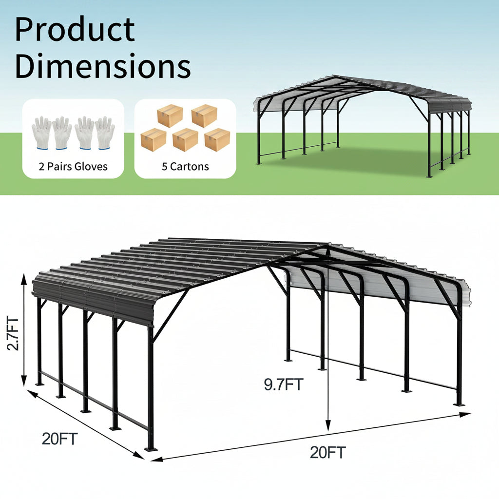 10x20 FT Outdoor Portable Garage Carport Canopy with Heavy-Duty Frame