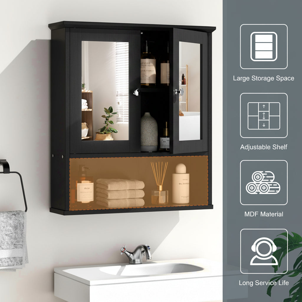 Bathroom Medicine Cabinet with Mirror, 2 Doors and 3 Open Storage Shelves
