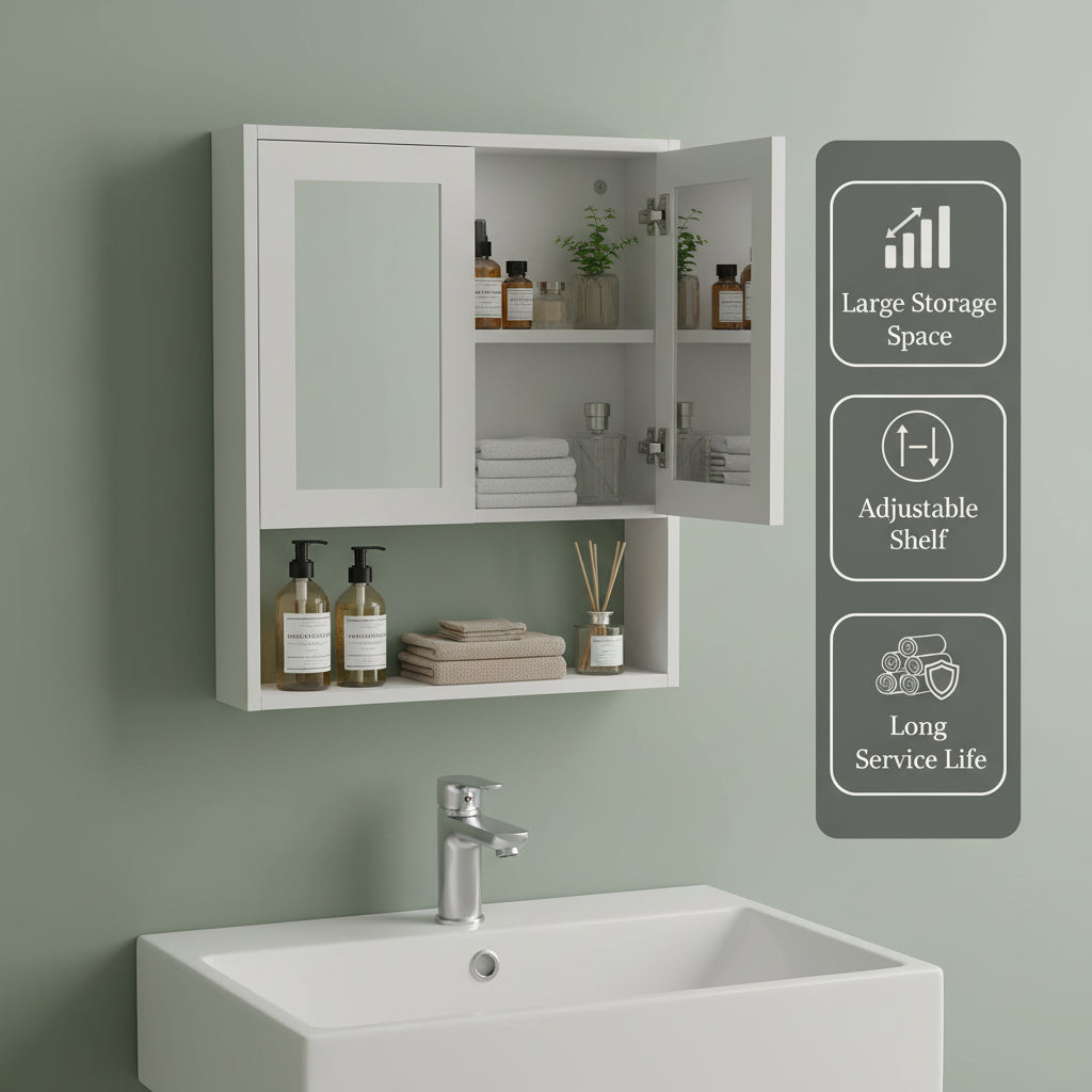 Bathroom Medicine Cabinet with Mirror, 2 Doors and 3 Open Storage Shelves