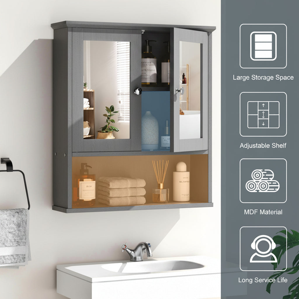 Bathroom Medicine Cabinet with Mirror, 2 Doors and 3 Open Storage Shelves
