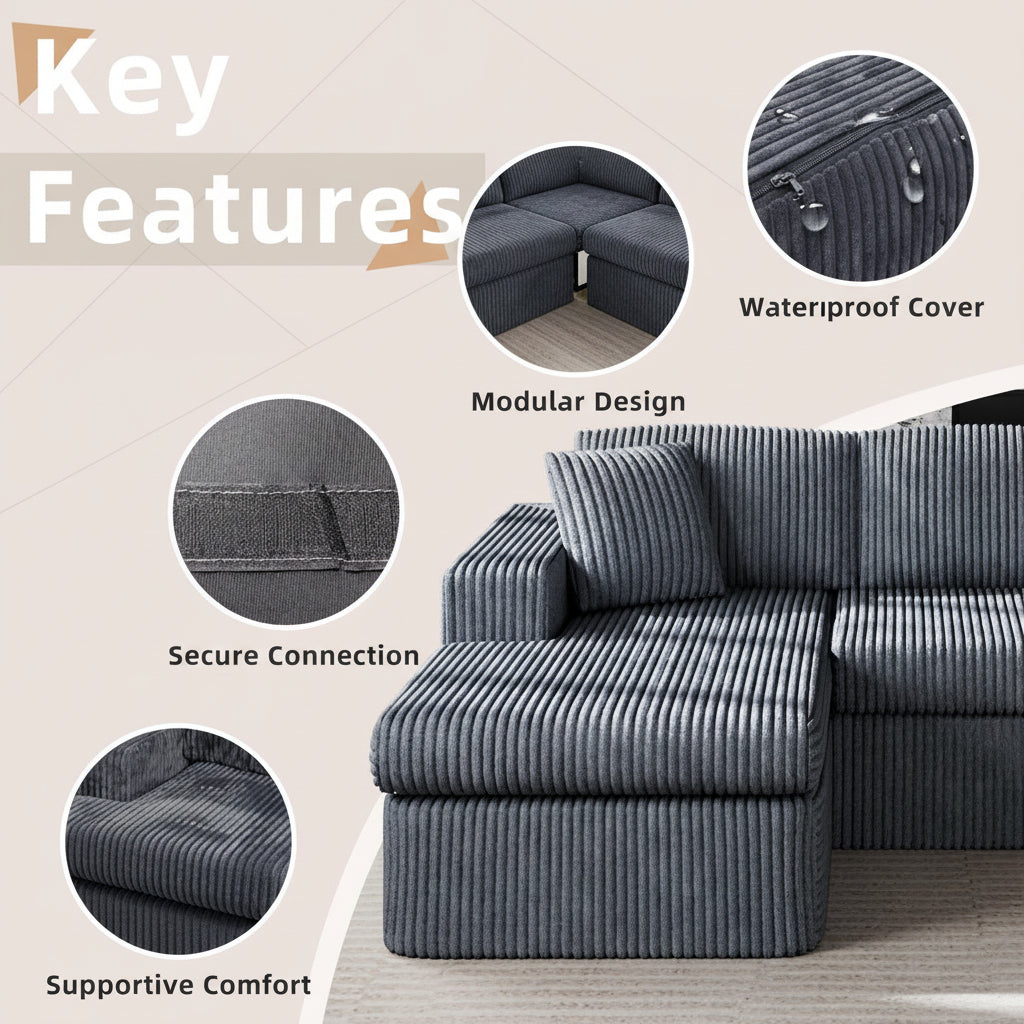 105" Cloud Modular Sectional Sofa, Deep Seat L-Shaped Corduroy Couch