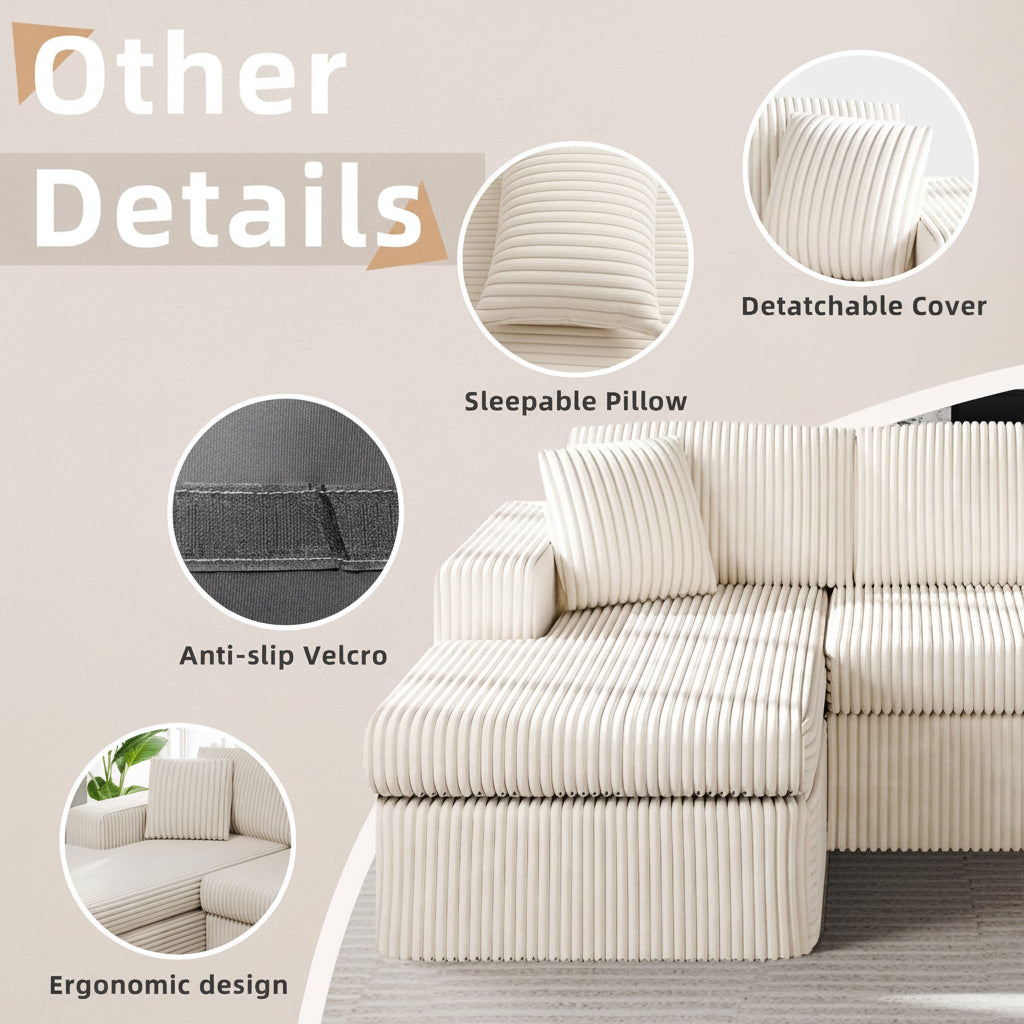 105" Cloud Modular Sectional Sofa, Deep Seat L-Shaped Corduroy Couch