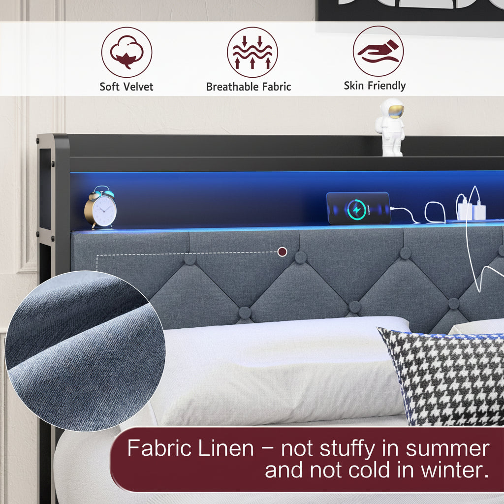 Modern Metal Platform Bed Frame with LED Lights and 2 Storage Drawers