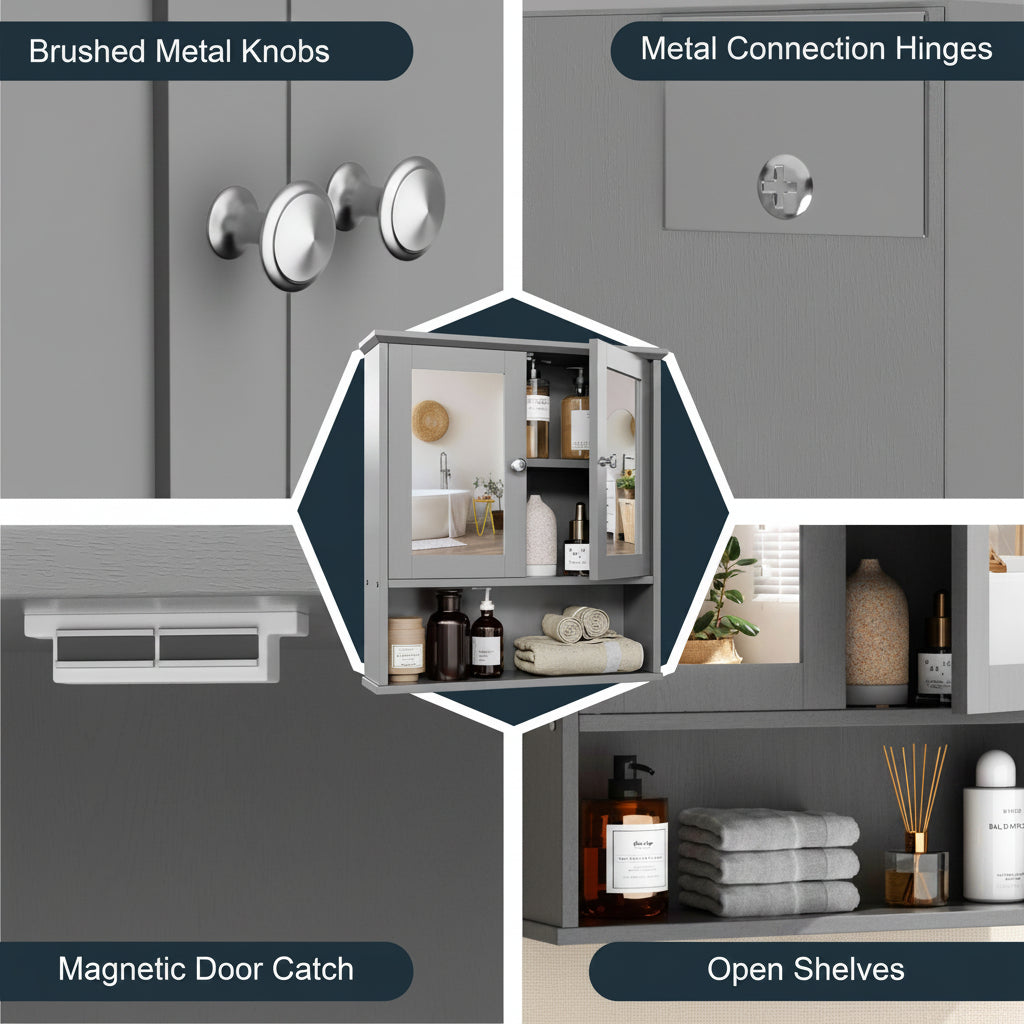 Bathroom Medicine Cabinet with Mirror, 2 Doors and 3 Open Storage Shelves