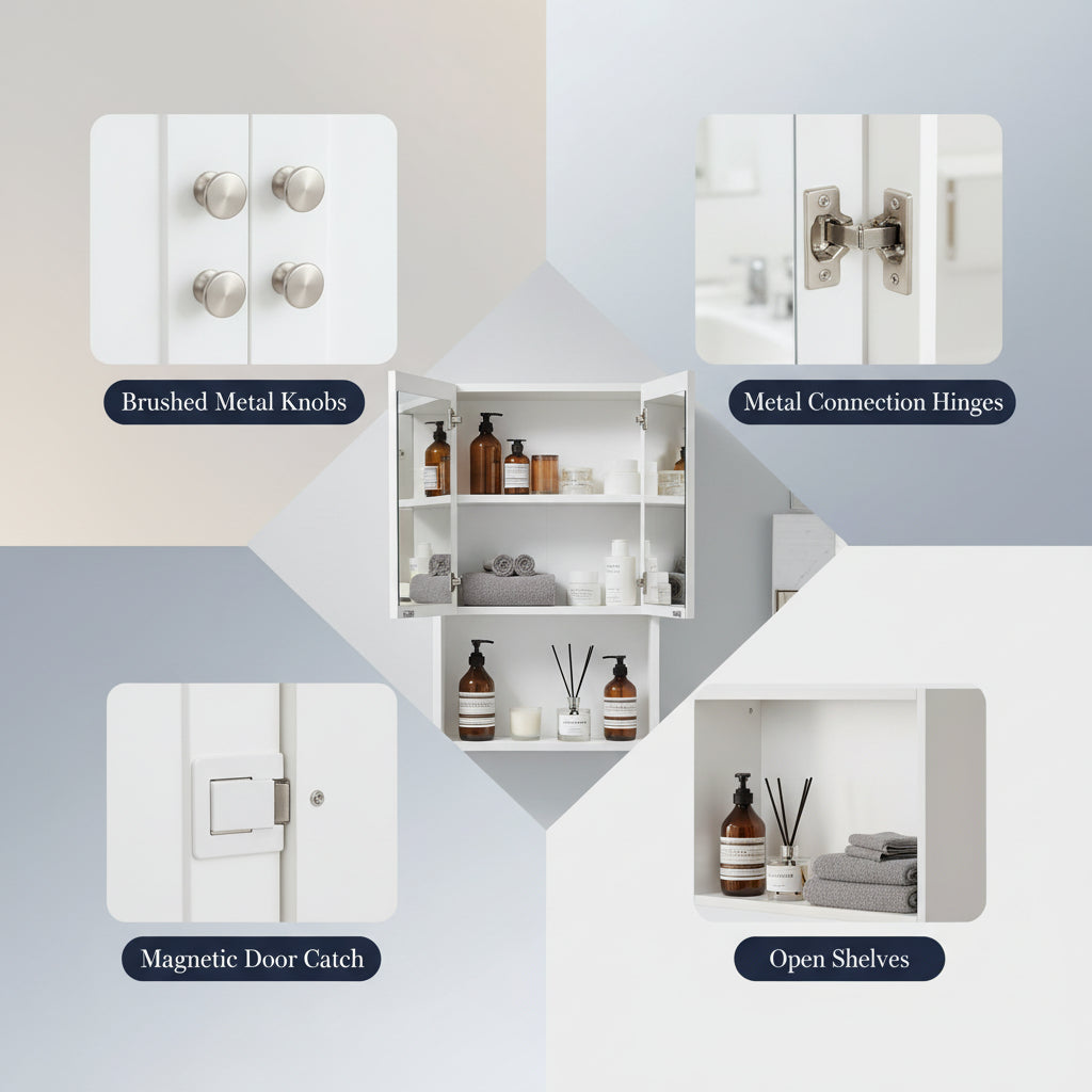 Bathroom Medicine Cabinet with Mirror, 2 Doors and 3 Open Storage Shelves