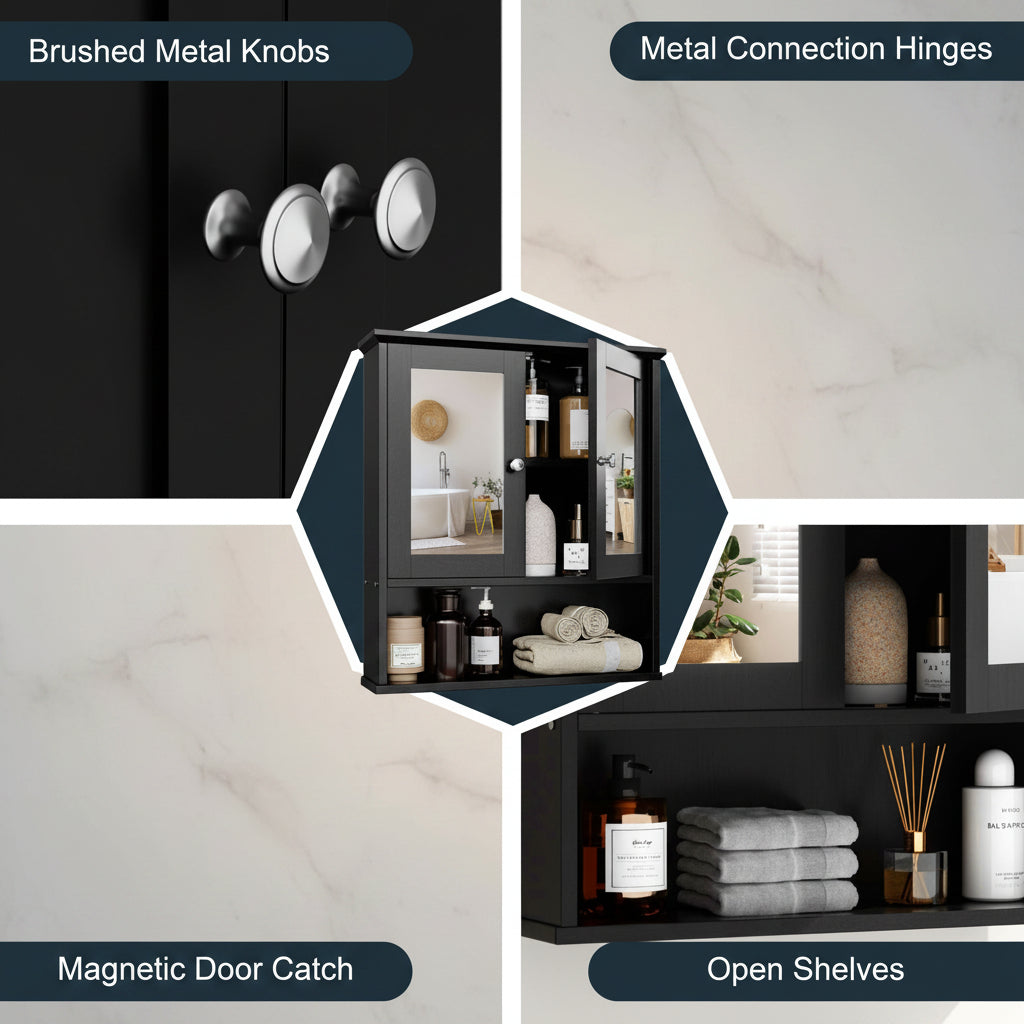 Bathroom Medicine Cabinet with Mirror, 2 Doors and 3 Open Storage Shelves