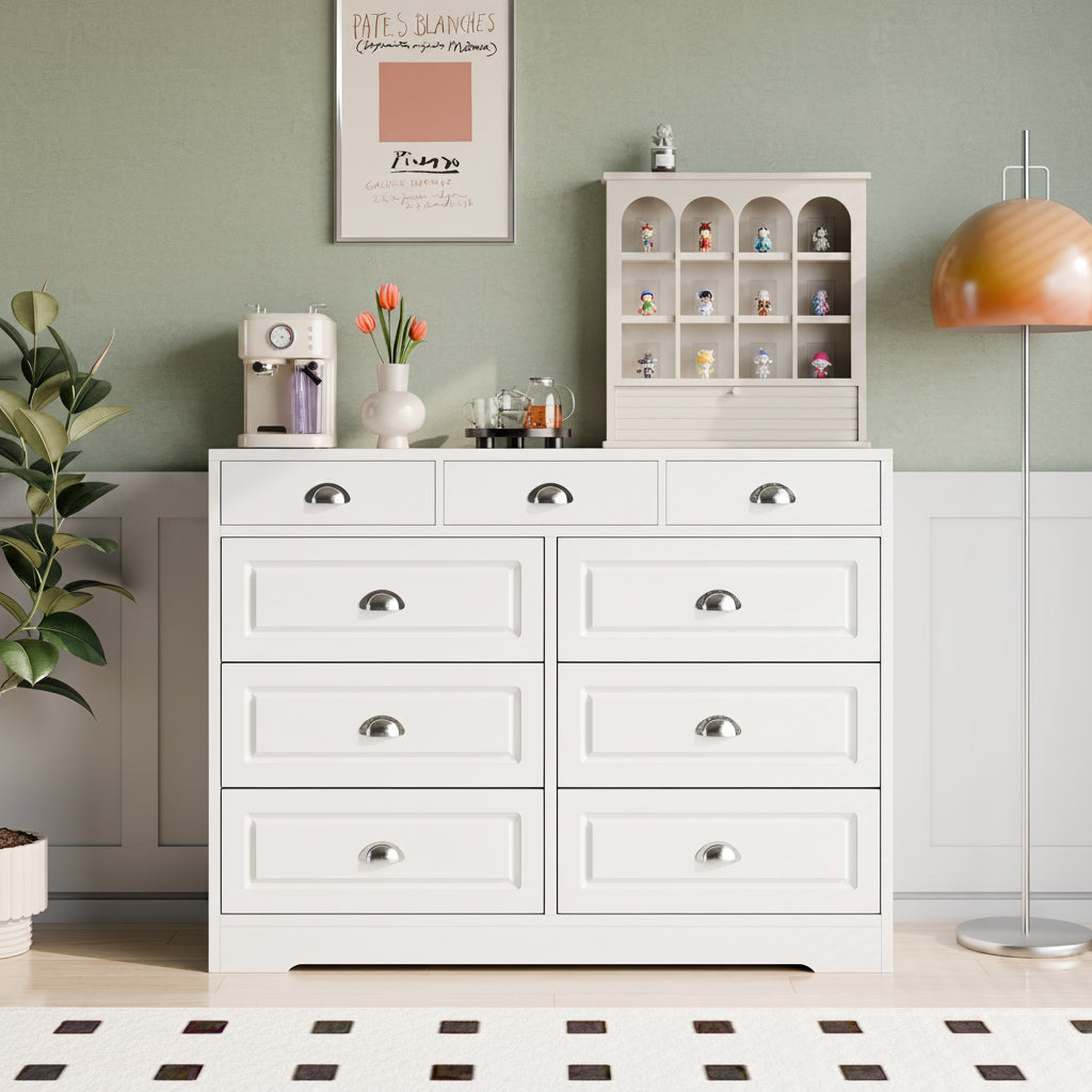 Walsunny Wide Wooden Double Dresser with 9 Storage Drawers