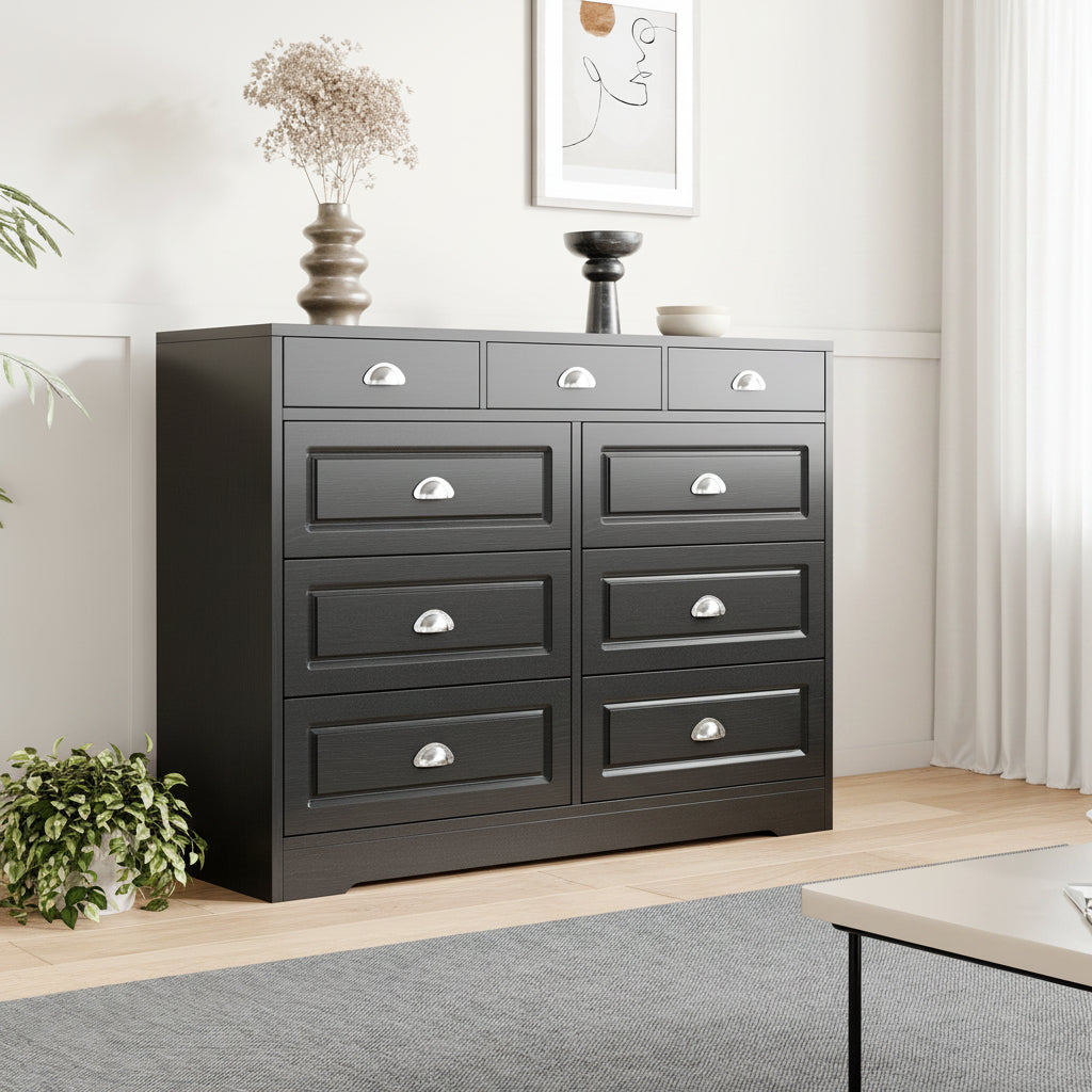 Walsunny Wide Wooden Double Dresser with 9 Storage Drawers