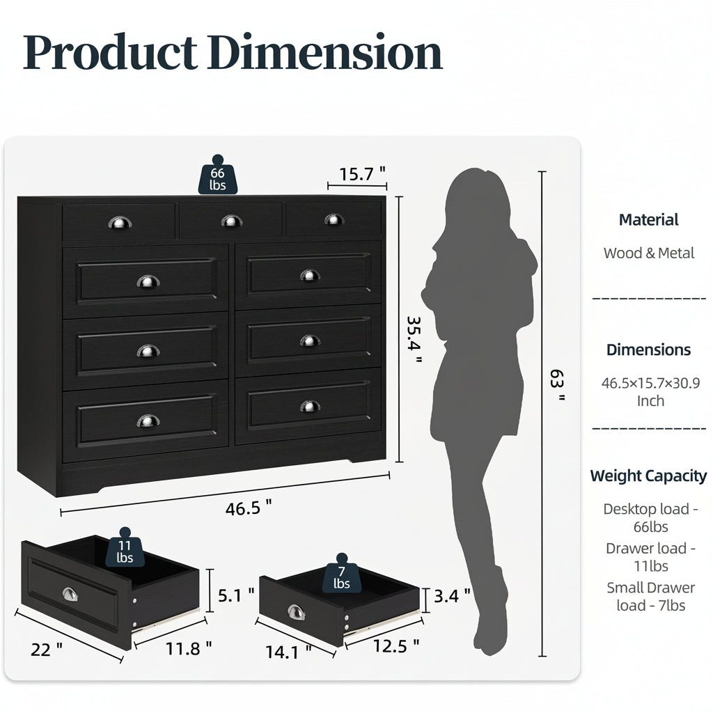 Walsunny Wide Wooden Double Dresser with 9 Storage Drawers