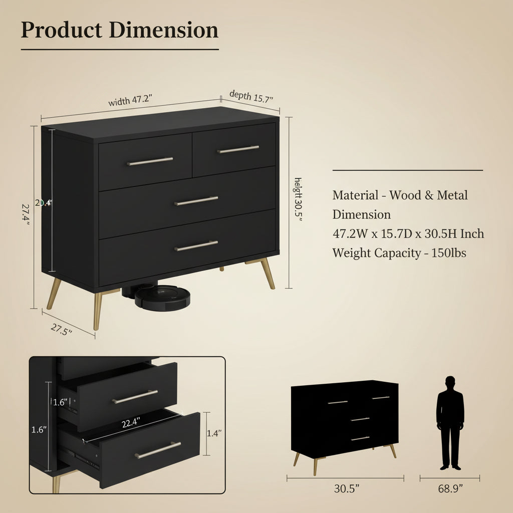 Walsunny Wide Wooden Double Dresser with 9 Storage Drawers