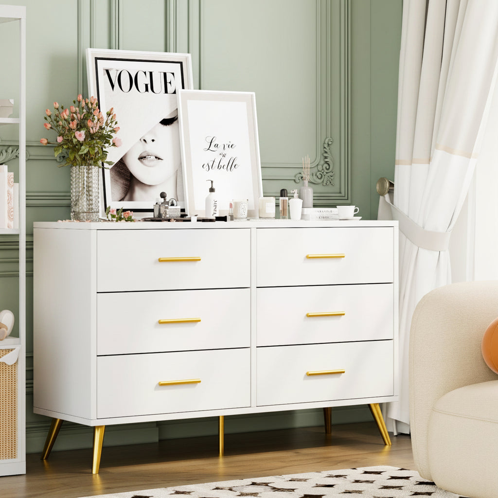 Walsunny Wide Wooden Double Dresser with 9 Storage Drawers
