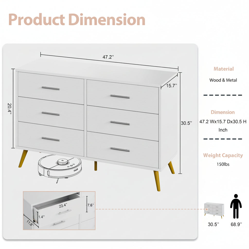 Walsunny Wide Wooden Double Dresser with 9 Storage Drawers