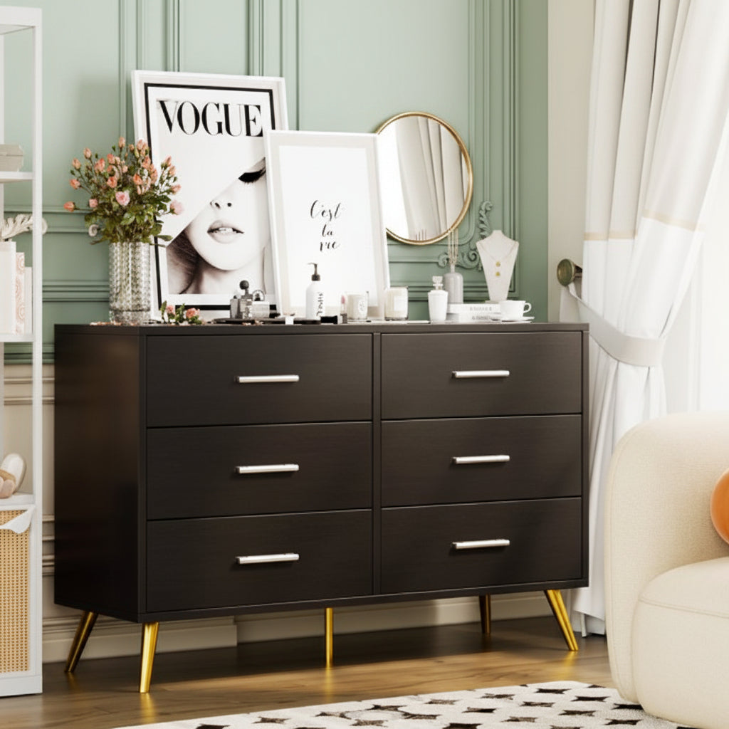 Walsunny Wide Wooden Double Dresser with 9 Storage Drawers
