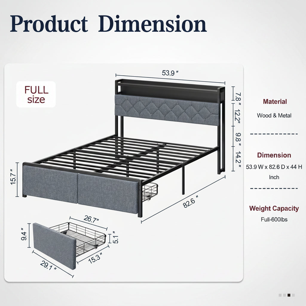 Modern Metal Platform Bed Frame with LED Lights and 2 Storage Drawers