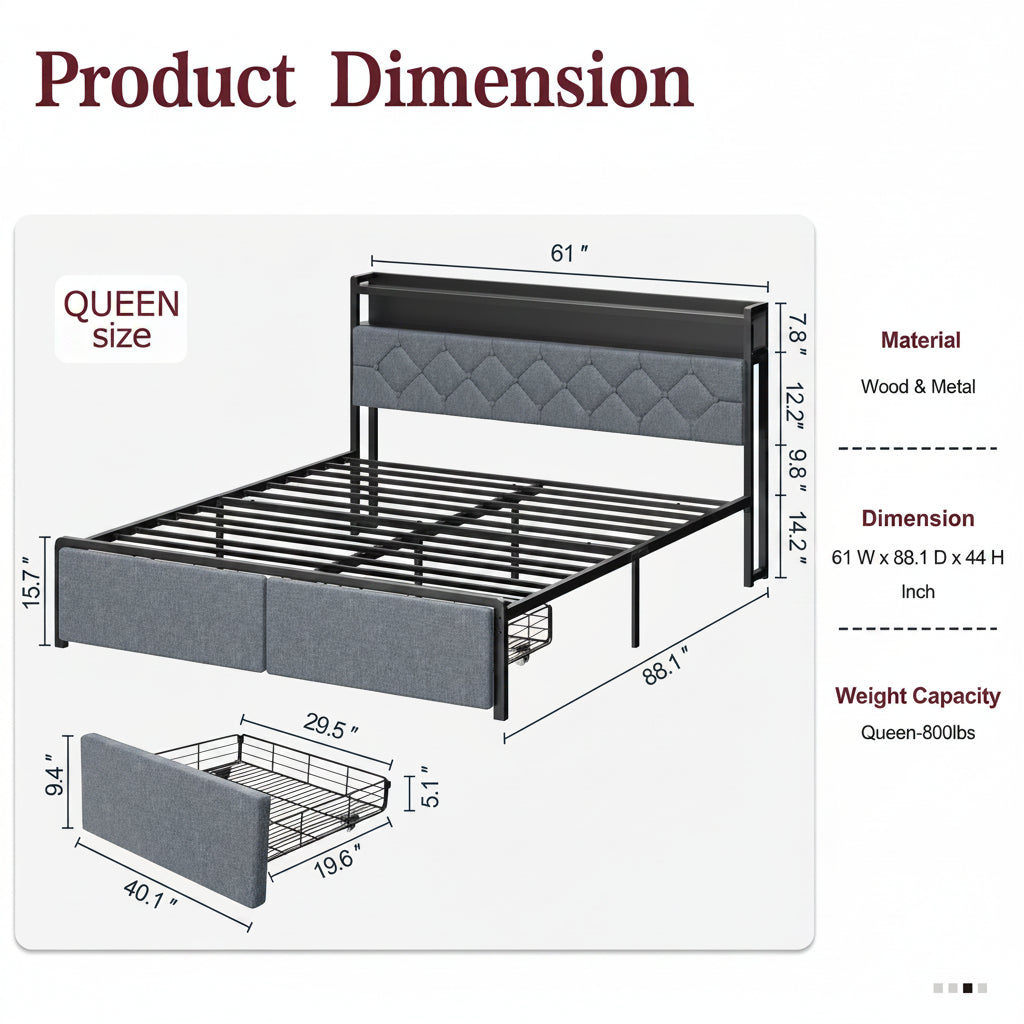 Modern Metal Platform Bed Frame with LED Lights and 2 Storage Drawers