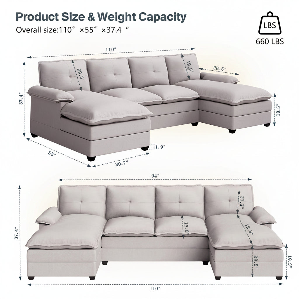 Walsunny Modern 109" U-Shaped Sectional Sofa with Double Chaise Lounge, 4-Seat