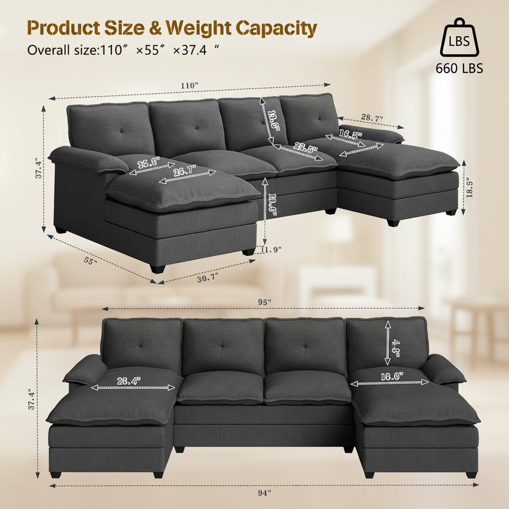 Walsunny Modern 109" U-Shaped Sectional Sofa with Double Chaise Lounge, 4-Seat