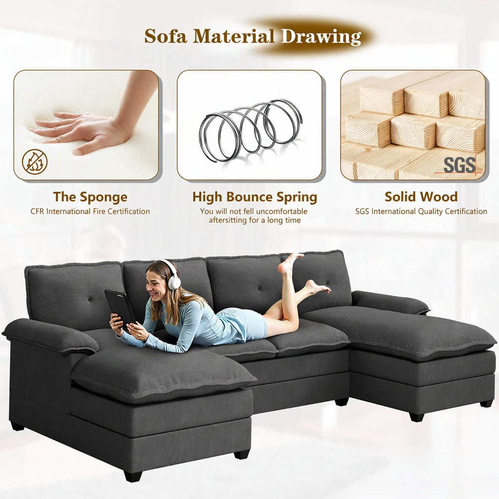 Walsunny Modern 109" U-Shaped Sectional Sofa with Double Chaise Lounge, 4-Seat