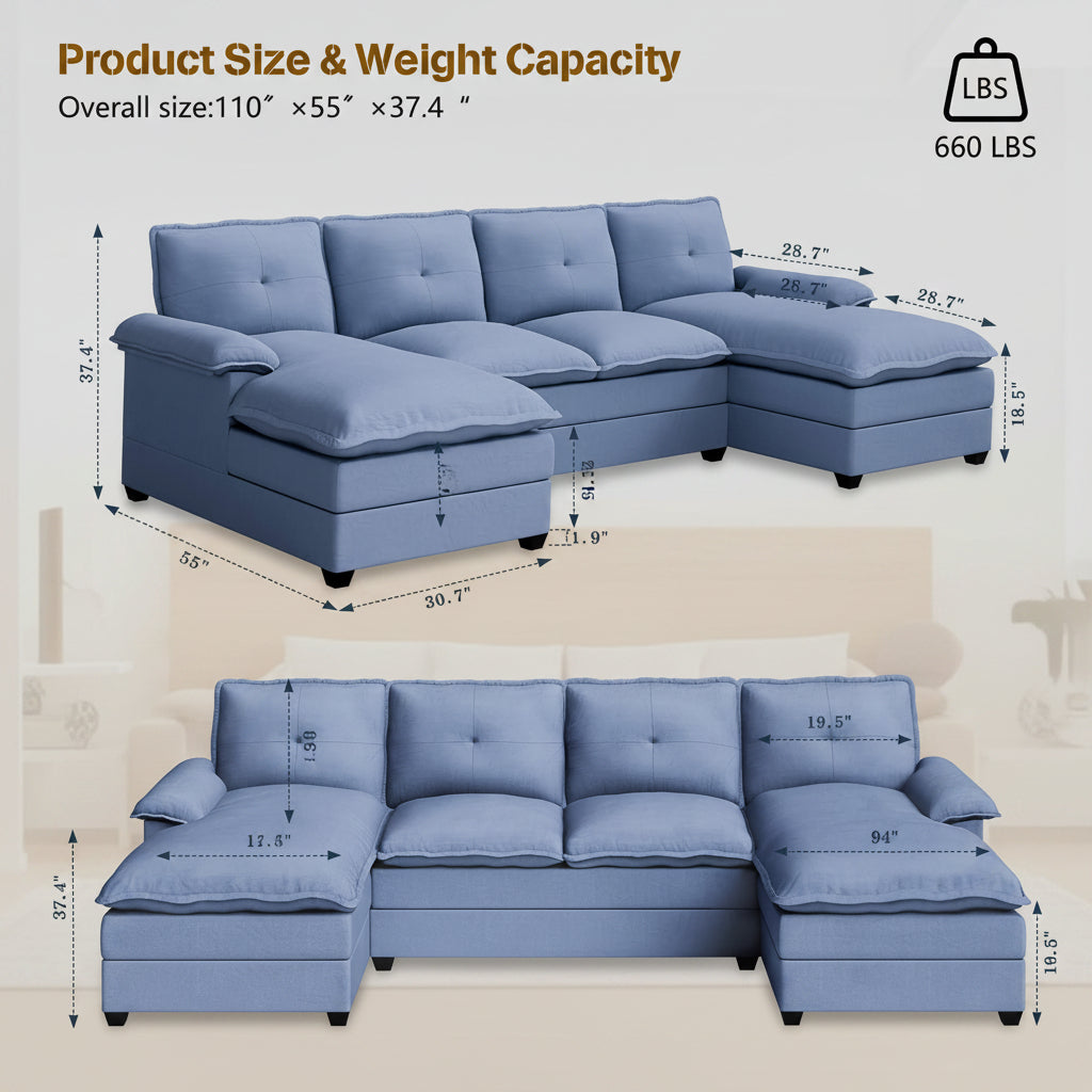 Walsunny Modern 109" U-Shaped Sectional Sofa with Double Chaise Lounge, 4-Seat