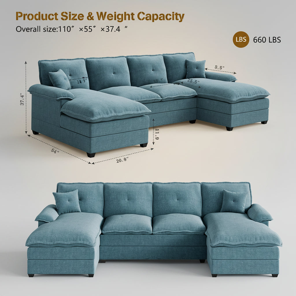 Walsunny Modern 109" U-Shaped Sectional Sofa with Double Chaise Lounge, 4-Seat