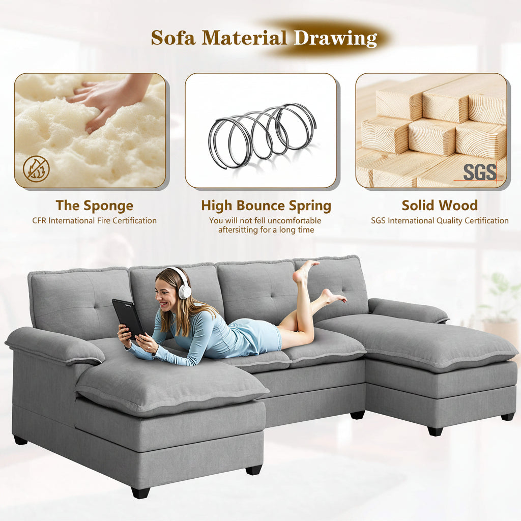 Walsunny Modern 109" U-Shaped Sectional Sofa with Double Chaise Lounge, 4-Seat