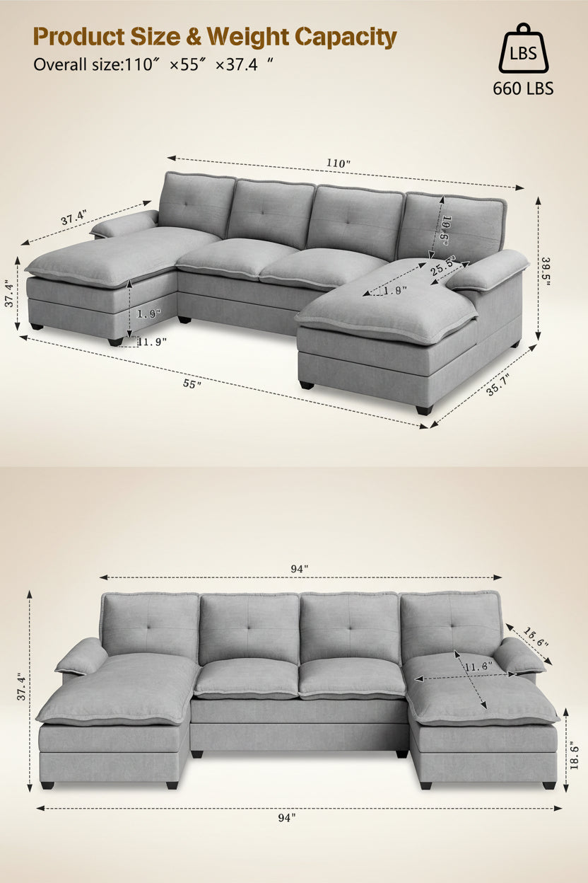 Walsunny Modern 109" U-Shaped Sectional Sofa with Double Chaise Lounge, 4-Seat