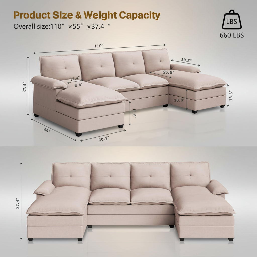 Walsunny Modern 109" U-Shaped Sectional Sofa with Double Chaise Lounge, 4-Seat