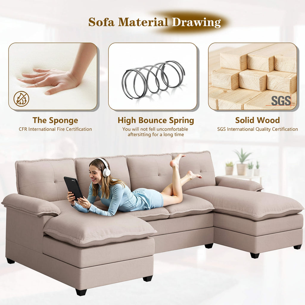 Walsunny Modern 109" U-Shaped Sectional Sofa with Double Chaise Lounge, 4-Seat