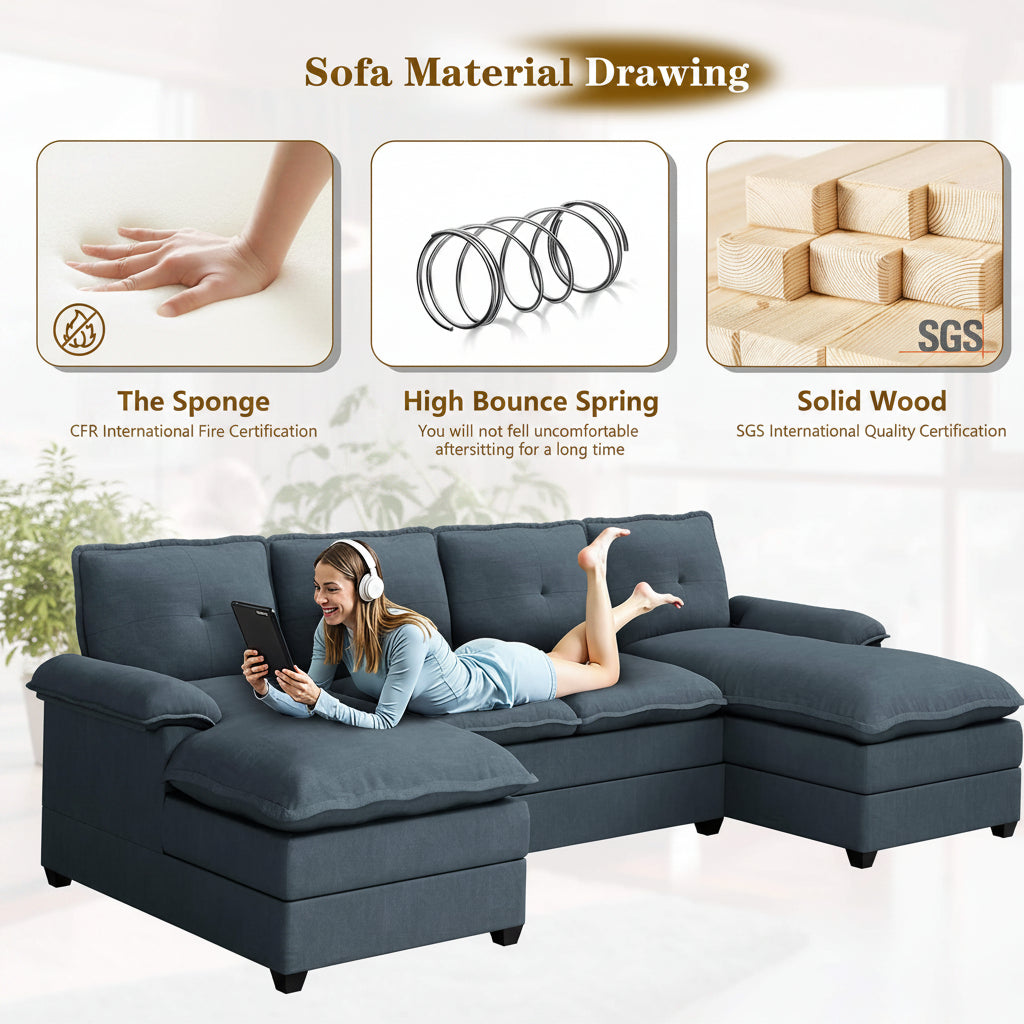 Walsunny Modern 109" U-Shaped Sectional Sofa with Double Chaise Lounge, 4-Seat