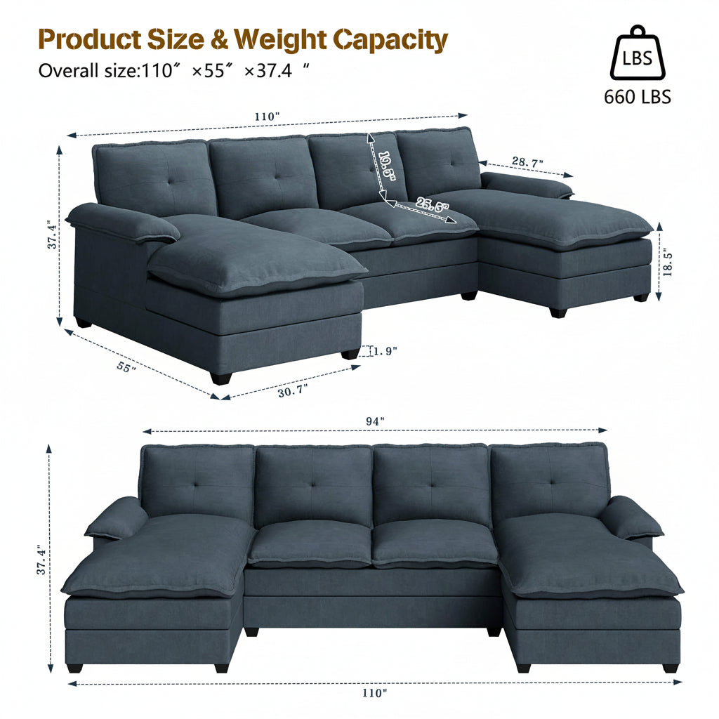 Walsunny Modern 109" U-Shaped Sectional Sofa with Double Chaise Lounge, 4-Seat