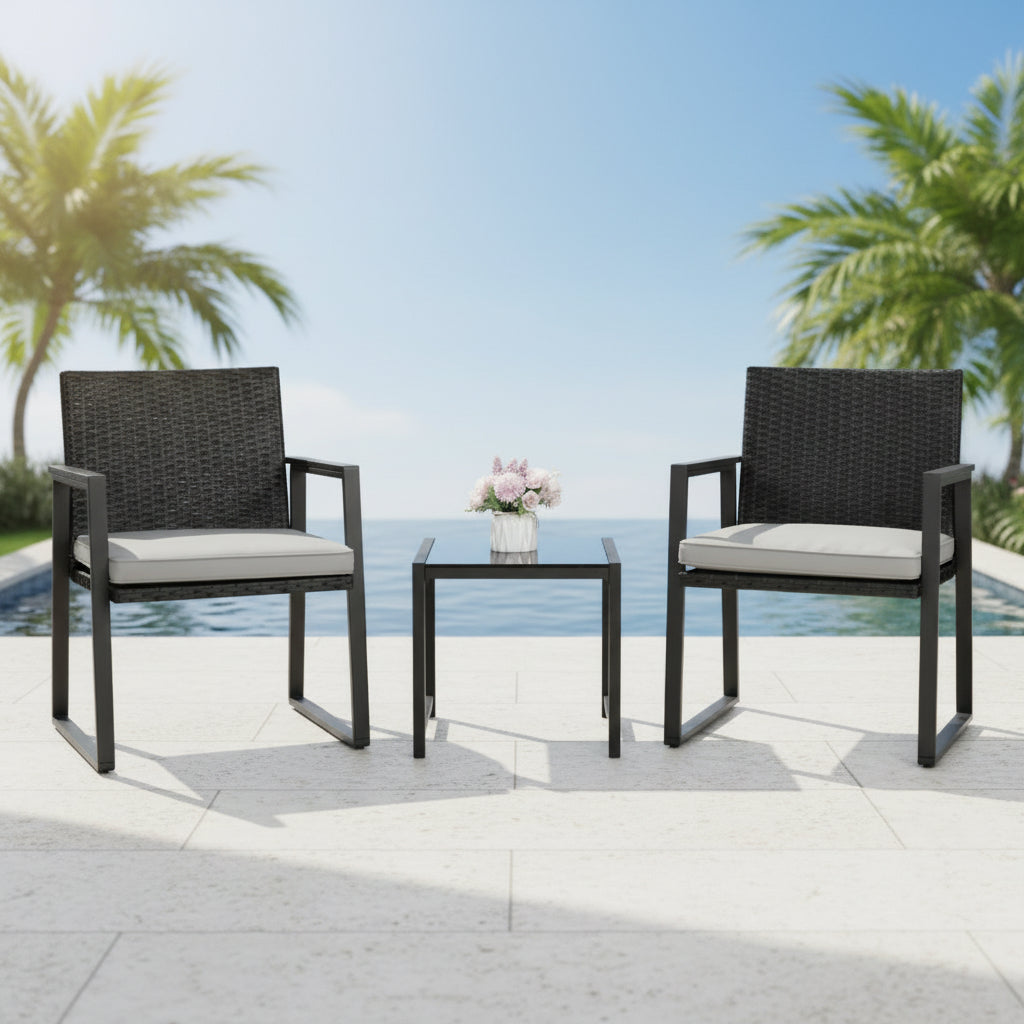 Outdoor Wicker Bistro Set with 2 Chairs & Table