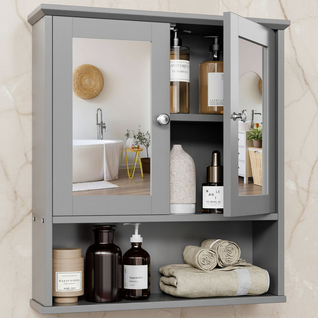 Bathroom Medicine Cabinet with Mirror, 2 Doors and 3 Open Storage Shelves