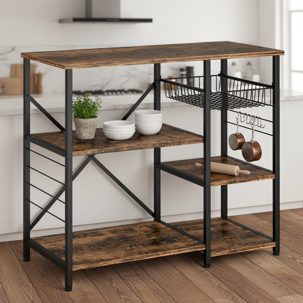 4-Tier Kitchen Bakers Rack with Storage, Coffee Bar Cabinet Station, Microwave Stand Shelf Organizer, Rustic Wood Kitchen Storage Table