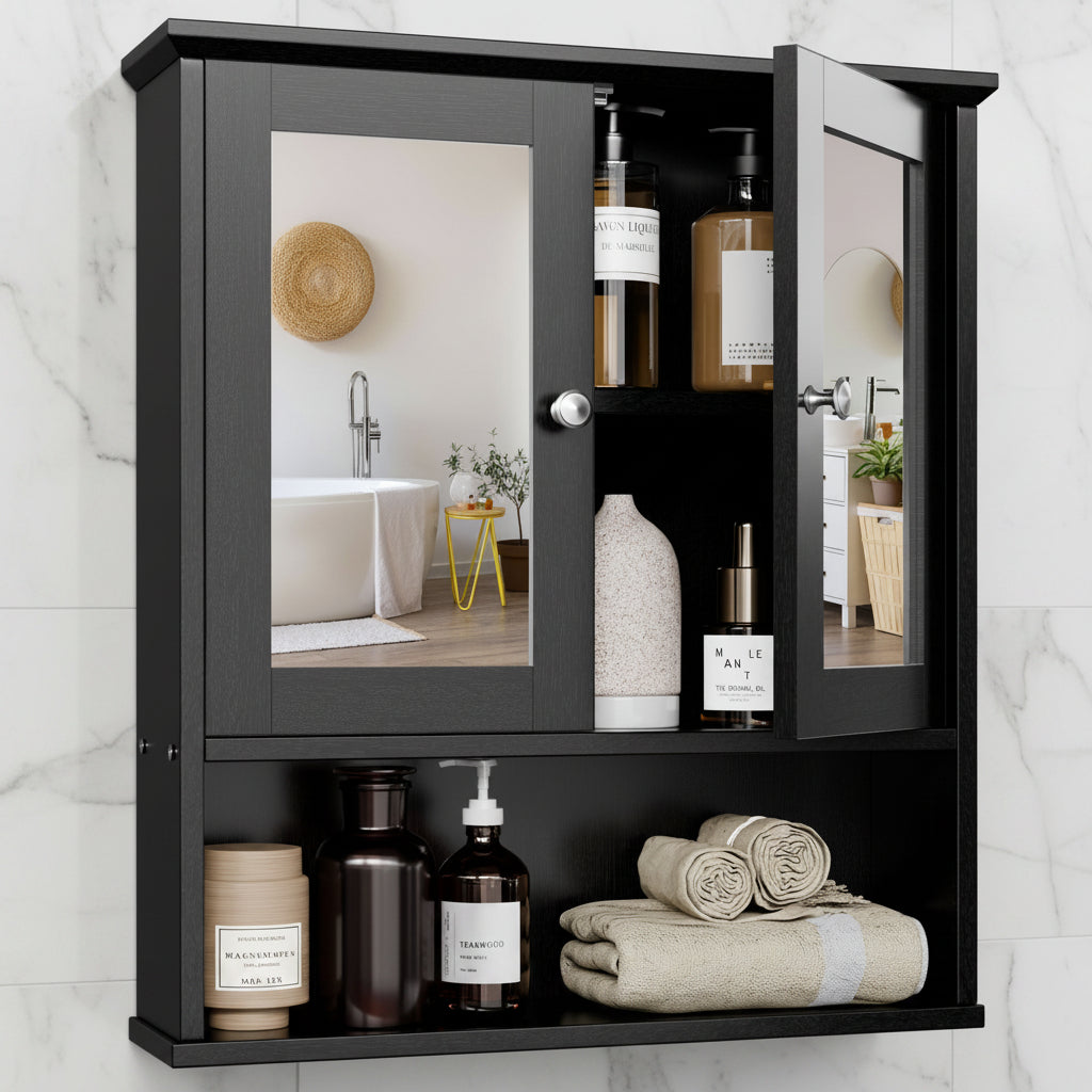 Bathroom Medicine Cabinet with Mirror, 2 Doors and 3 Open Storage Shelves