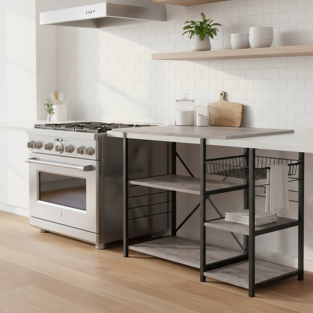 4-Tier Kitchen Bakers Rack with Storage, Coffee Bar Cabinet Station, Microwave Stand Shelf Organizer, Rustic Wood Kitchen Storage Table