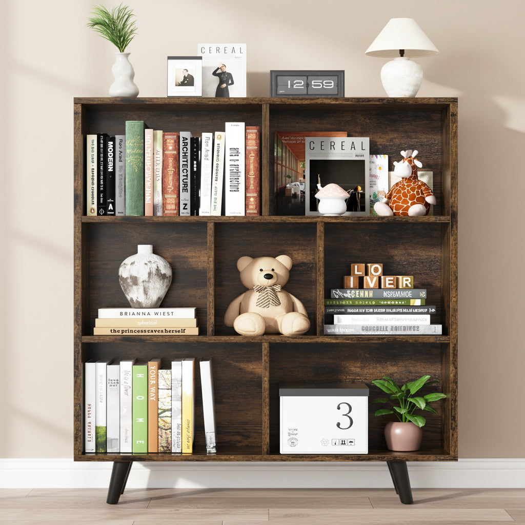 Wooden Open Shelf Bookcase, 3-Tier 7-Cube Storage Organizer with Legs
