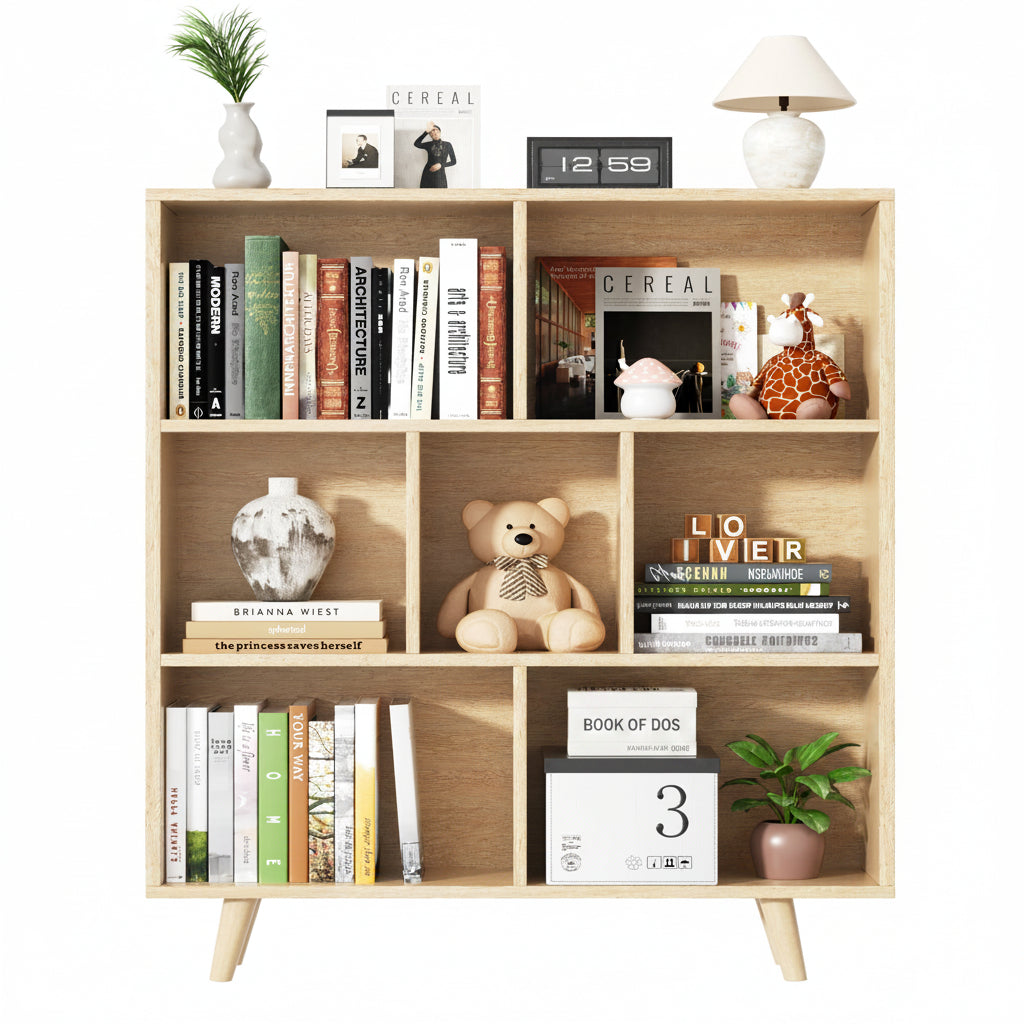 Wooden Open Shelf Bookcase, 3-Tier 7-Cube Storage Organizer with Legs