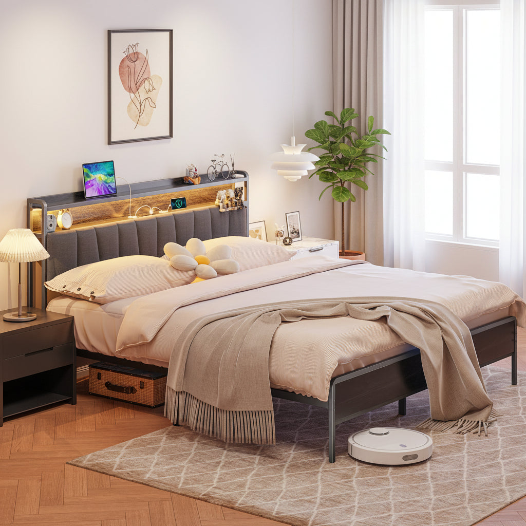 Modern Metal Platform Bed Frame with LED Lights and 2 Storage Drawers