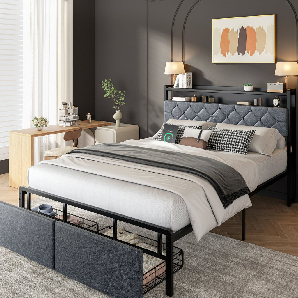 Modern Metal Platform Bed Frame with LED Lights and 2 Storage Drawers