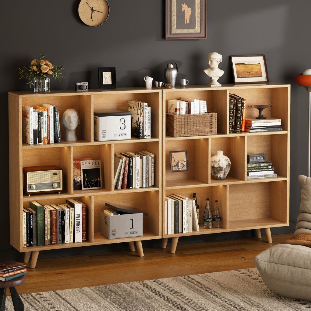 Wooden Open Shelf Bookcase, 3-Tier 7-Cube Storage Organizer with Legs