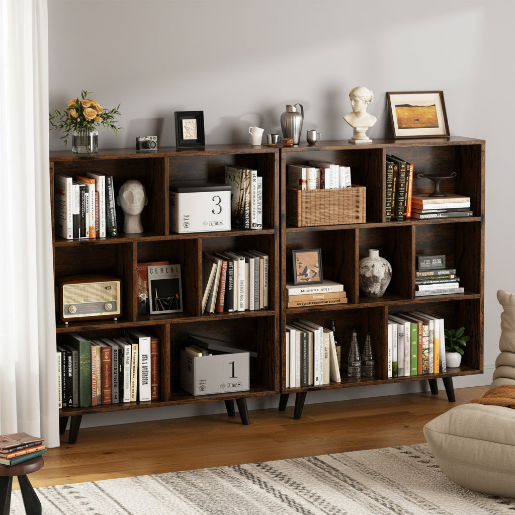 Wooden Open Shelf Bookcase, 3-Tier 7-Cube Storage Organizer with Legs