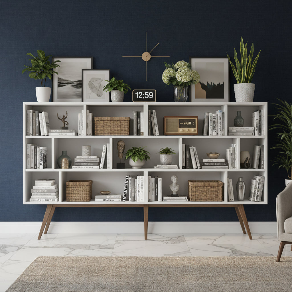 Wooden Open Shelf Bookcase, 3-Tier 7-Cube Storage Organizer with Legs