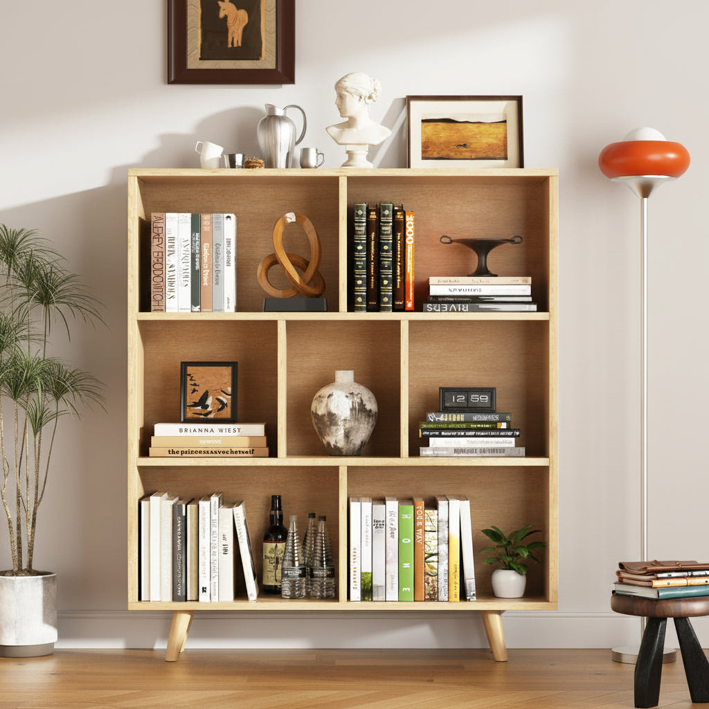 Wooden Open Shelf Bookcase, 3-Tier 7-Cube Storage Organizer with Legs